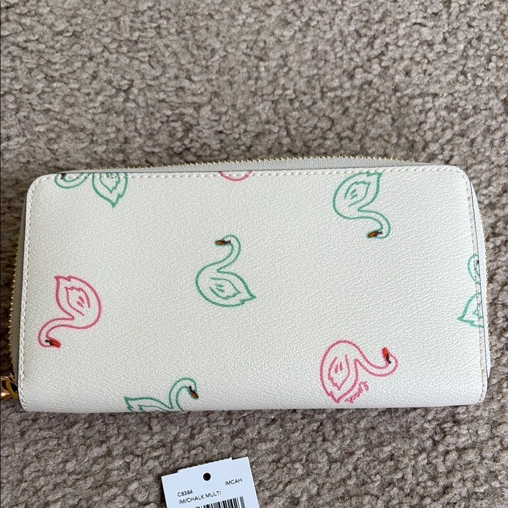 Coach Women's Long Zip Around Wallet Coated Canvas, Swan Print Chalk Multi - Picture 2 of 5